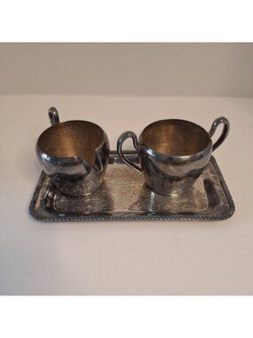 VTG ACADEMY SILVER ON COPPER CREAM PITCHER SUGAR BOWL SERVING TRAY UNPOLISHED